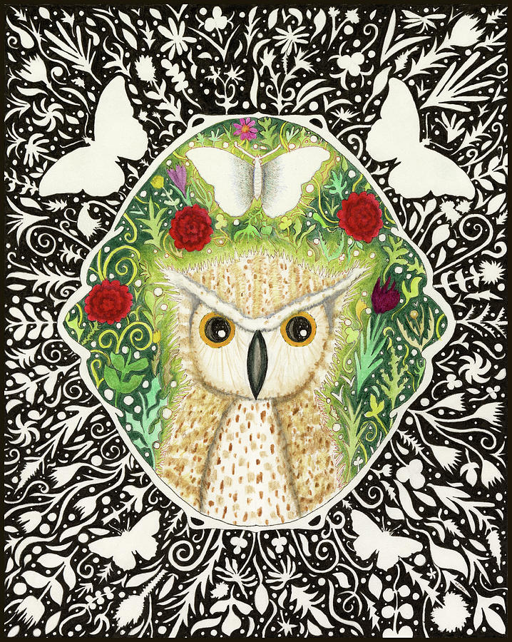 Owl Crowned by a Butterfly Painting by Lise Winne