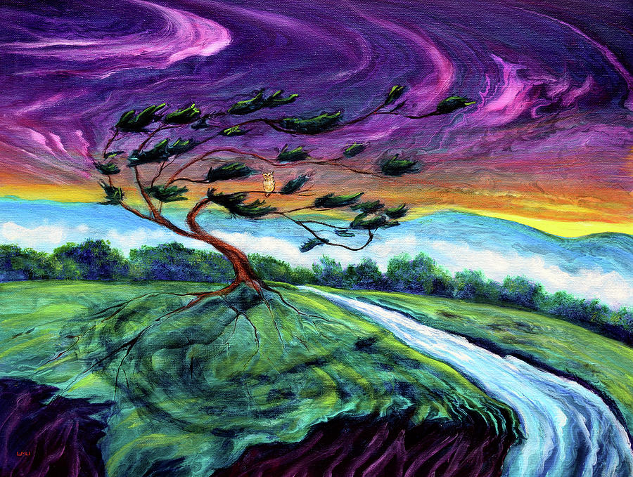 Owl in a Windswept Cypress Painting by Laura Iverson