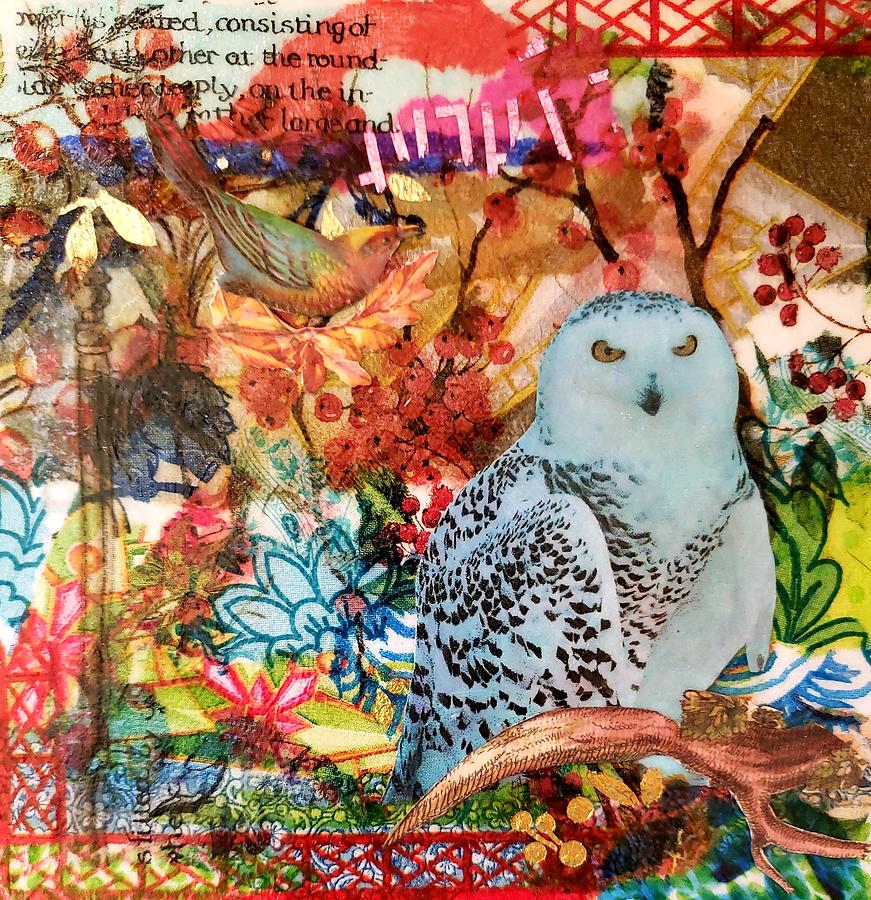 Owl in Red Mixed Media by Deborah Cherrin