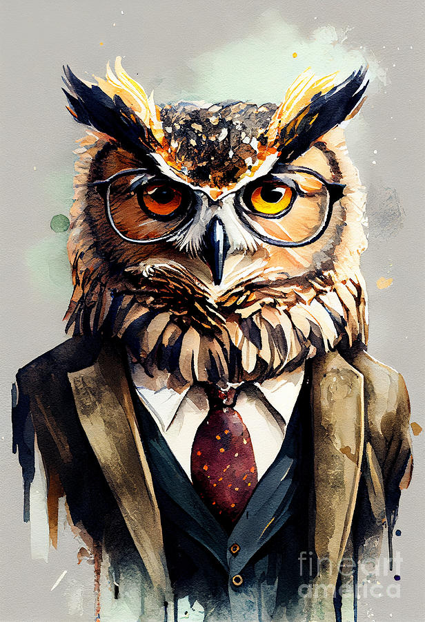 Owl Painting - Owl in Suit Watercolor Hipster Animal Retro Costume by Jeff Creation