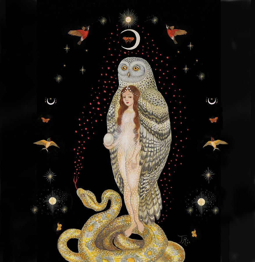 Owl Painting - Owl Moon Goddess Ritual by Tino Rodriguez