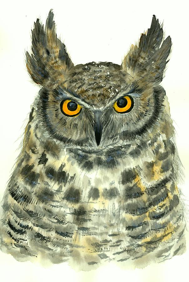 Horned owl, watercolor painting Painting by Nataliya Vetter