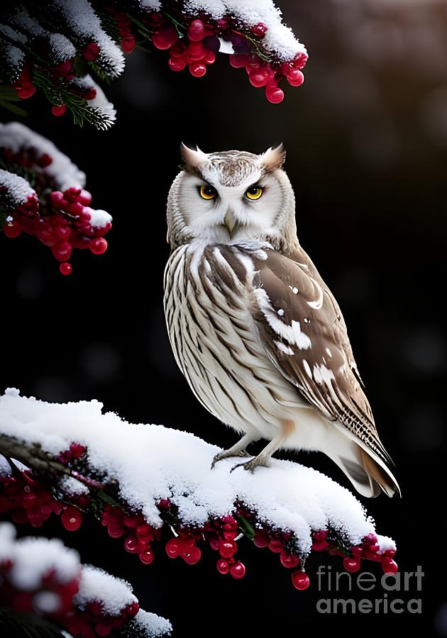 Owl on Snowy Red Berry Branches Digital Art by Rachel Hannah