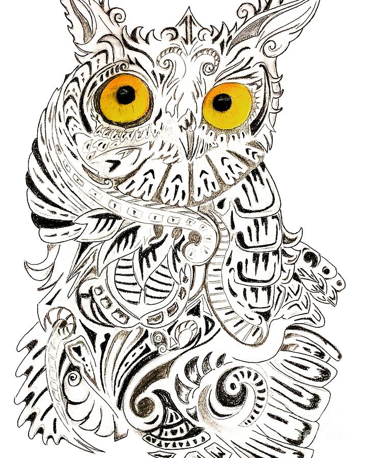 Owl portrait  in tattoo style  Drawing by Natalia Wallwork