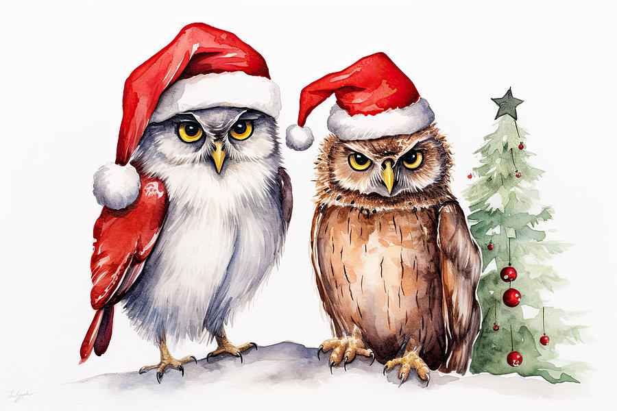 Christmas Owl Painting - Owl Santa and Mrs. Owl Santa by Lourry Legarde