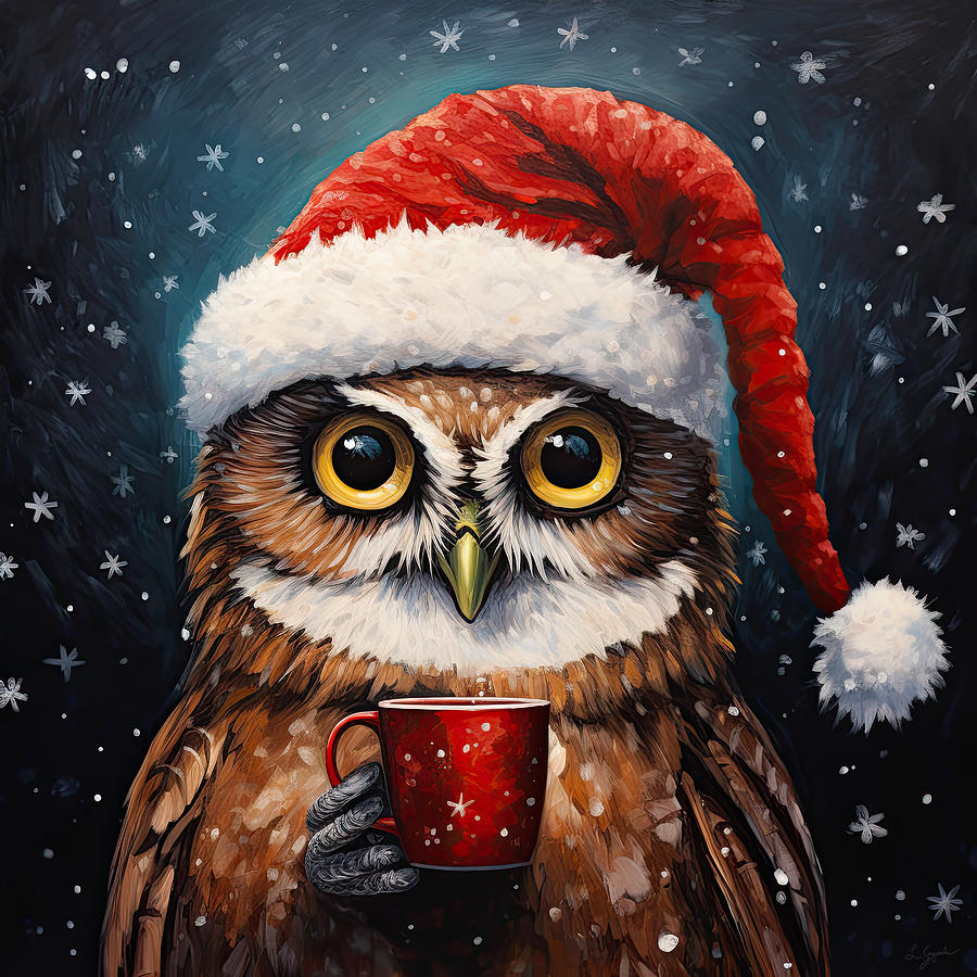 Owl Santa With Hot Chocolate Painting by Lourry Legarde