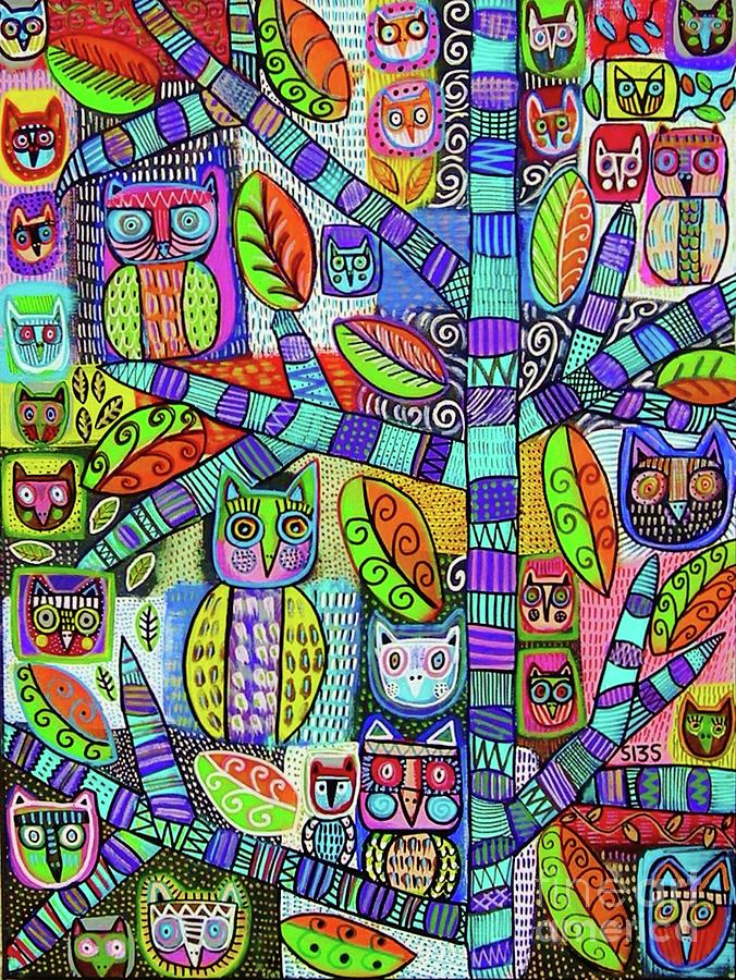 Owl Haven Tree Of Life  Painting by Sandra Silberzweig