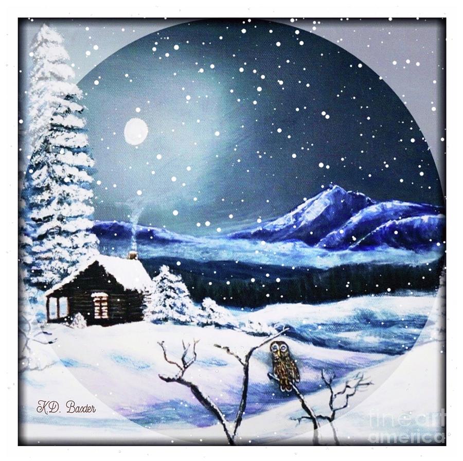 Owl Watch on a Cold Winters Night with Snow Globe Effect II Painting by Kimberlee Baxter