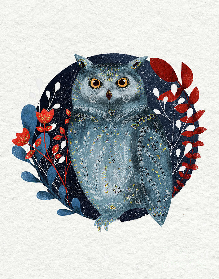 Owl With Flowers Painting by Modern Art
