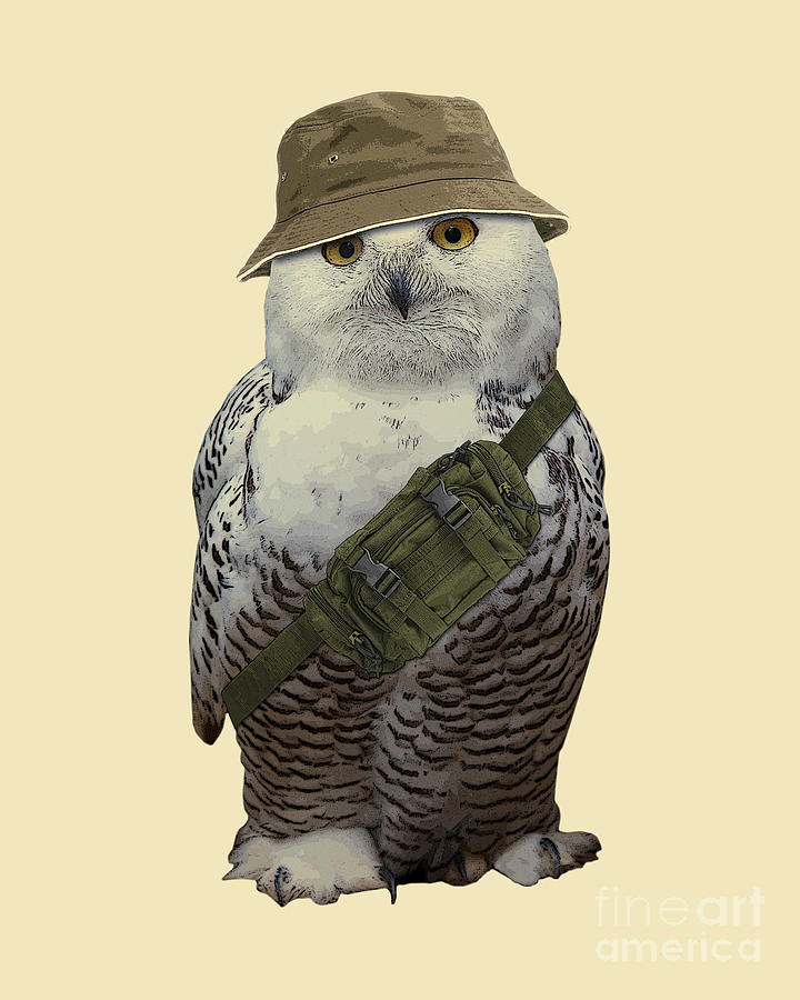Owl Mixed Media - Owl with hip bag and fisher hat by Madame Memento