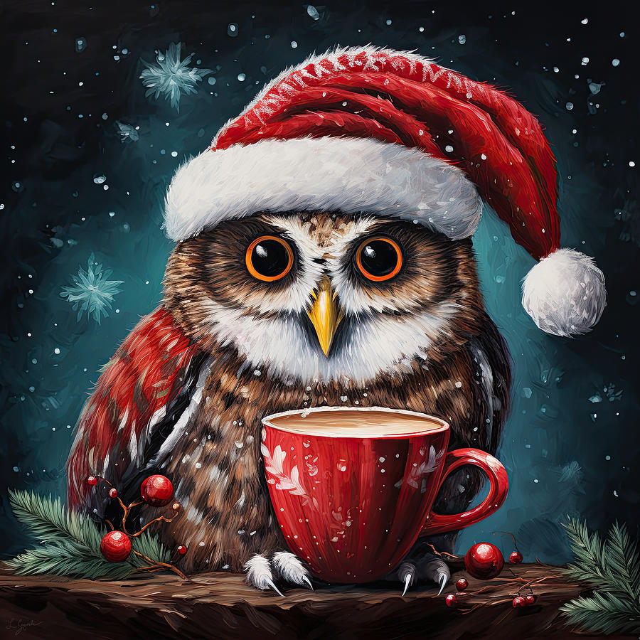 Owl with Hot Chocolate - Christmas Hot Chocolate Art Painting by Lourry Legarde