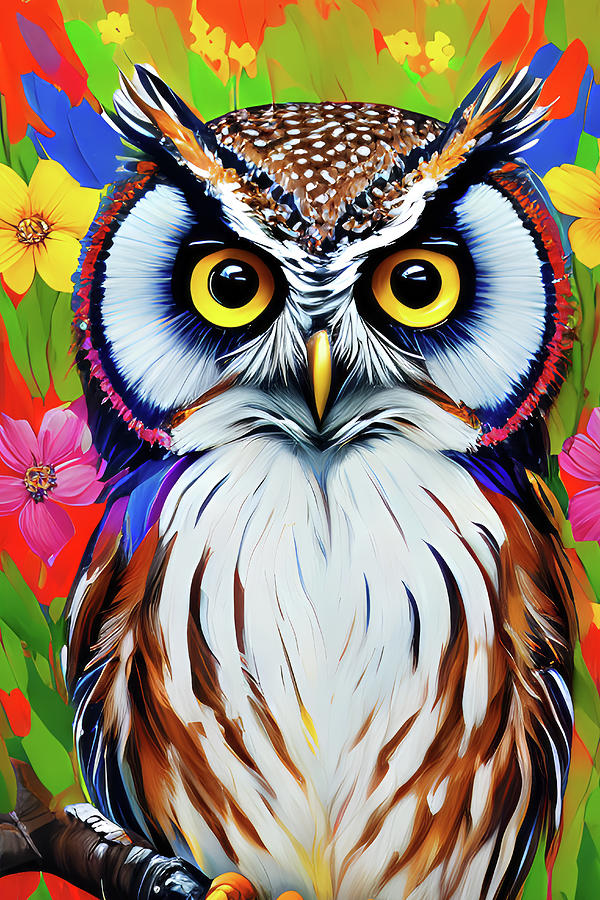 Owl With Yellow Eyes And Flowers Digital Art