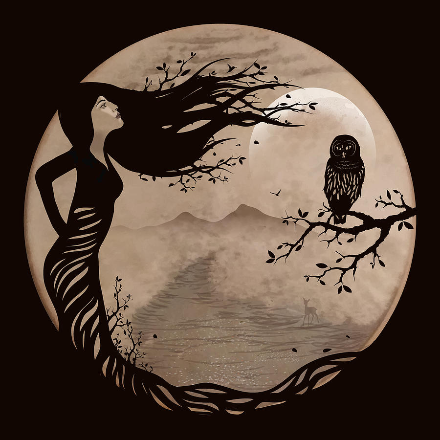 Owl Woman Tree Shaman Art - Natural Drum 12 Digital Art by Serena King