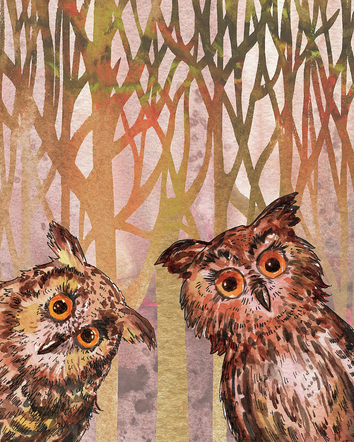 Owls In The Forest Two Curious Birds Watercolor Beige Brown Painting by Irina Sztukowski