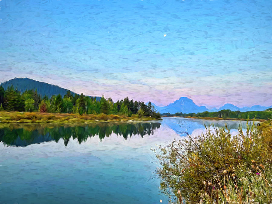 Oxbow Bend and Mount Moran Painted Photograph by Judy Vincent