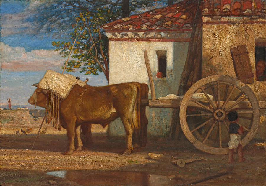 Oxen before a Farmhouse at Le Verrier Painting by Alexandre-Gabriel Decamps