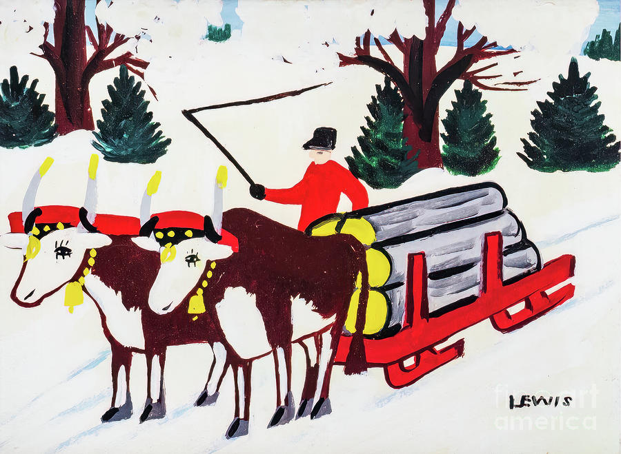 Oxen Hauling Logs by Maud Lewis mid 1950s Painting by Maud Lewis