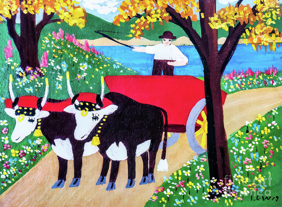 Oxen Hauling Man by Maud Lewis 1962 Painting by Maud Lewis