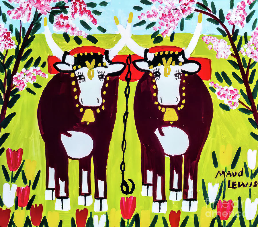 Oxen in Springtime by Maud Lewis 1966 Painting by Maud Lewis
