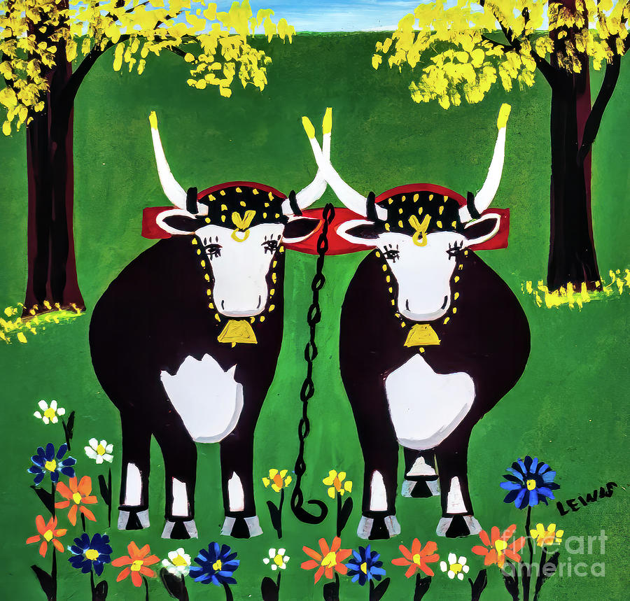 Oxen in Summer with Daffodils by Maud Lewis 1955 Painting by Maud Lewis