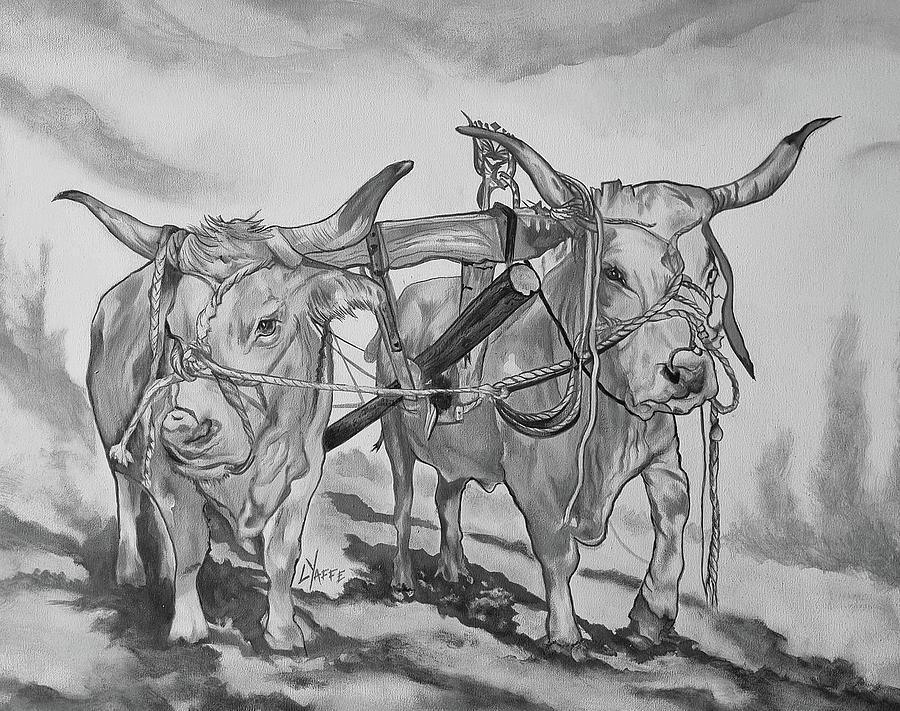 Oxen on a Yoke in Black and White Digital Art by Loraine Yaffe