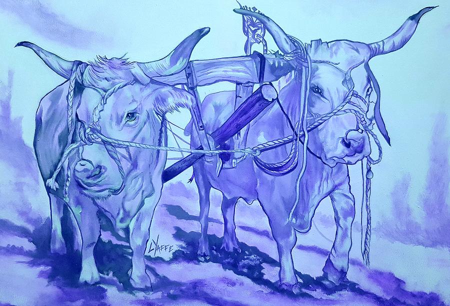 Oxen on a Yoke in Blue Painting by Loraine Yaffe