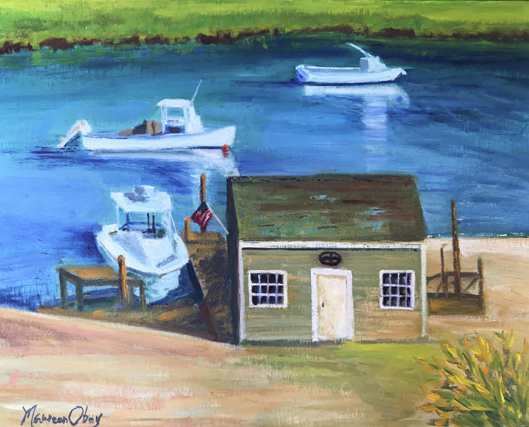 Oyster River Fishing Shacks Painting by Maureen Obey