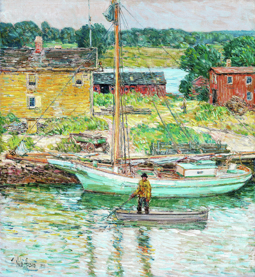 Oyster Sloop Painting - Oyster Sloop, Cos Cob - Digital Remastered Edition by Frederick Childe Hassam Oyster Sloop Painting - Oyster Sloop, Cos Cob - Digital Remastered Edition by Frederick Childe Hassam