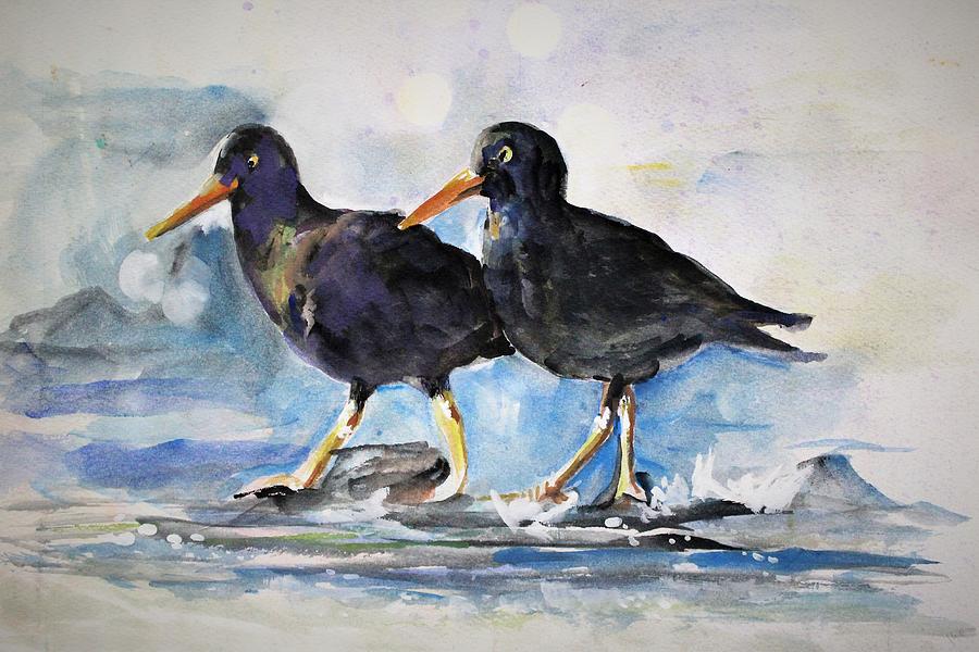Oystercatchers on walk Painting by Khalid Saeed