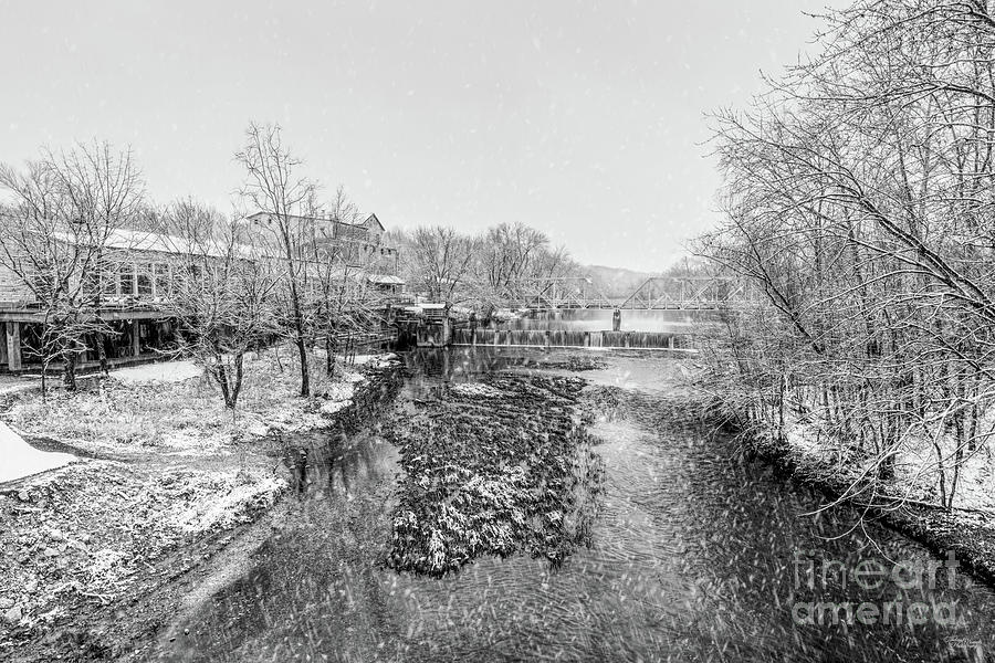 Ozark Mill And Bridge Winter Storm Grayscale Photograph by Jennifer White
