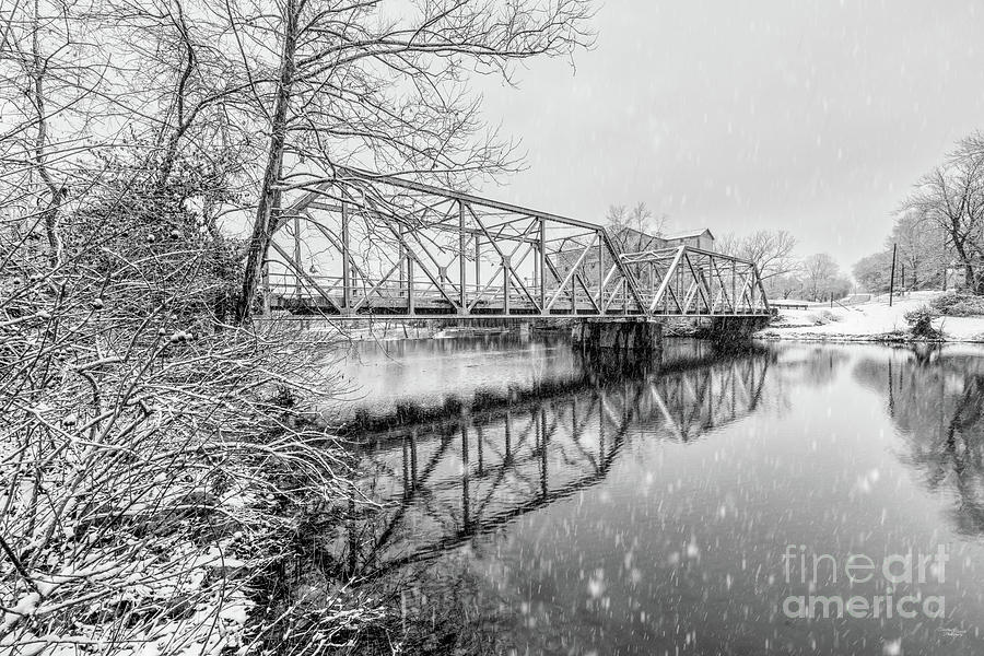 Ozark Missouri Bridge Winter Blizzard Grayscale Photograph by Jennifer White