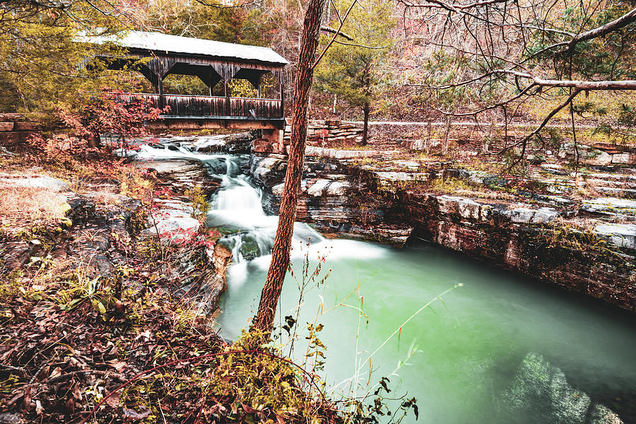 Ozark Mountain Covered Bridge And Ponca Creek Falls In Boxley Valley