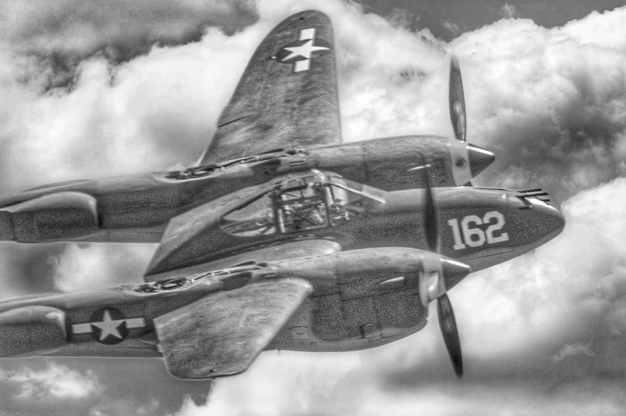 P-38 In Flight - Black And White Photograph
