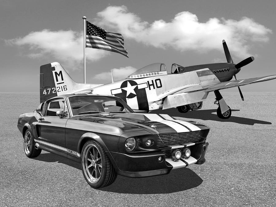 p-51 With Eleanor Mustang Black And White Photograph by Gill Billington