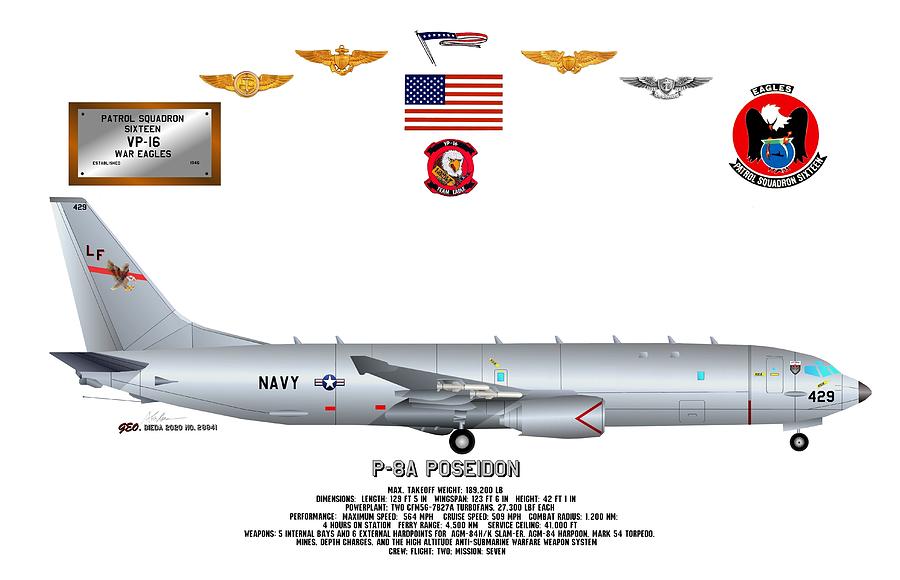 P-8A Poseidon Profile Data Print VP-16 War Eagles Digital Art by George Bieda