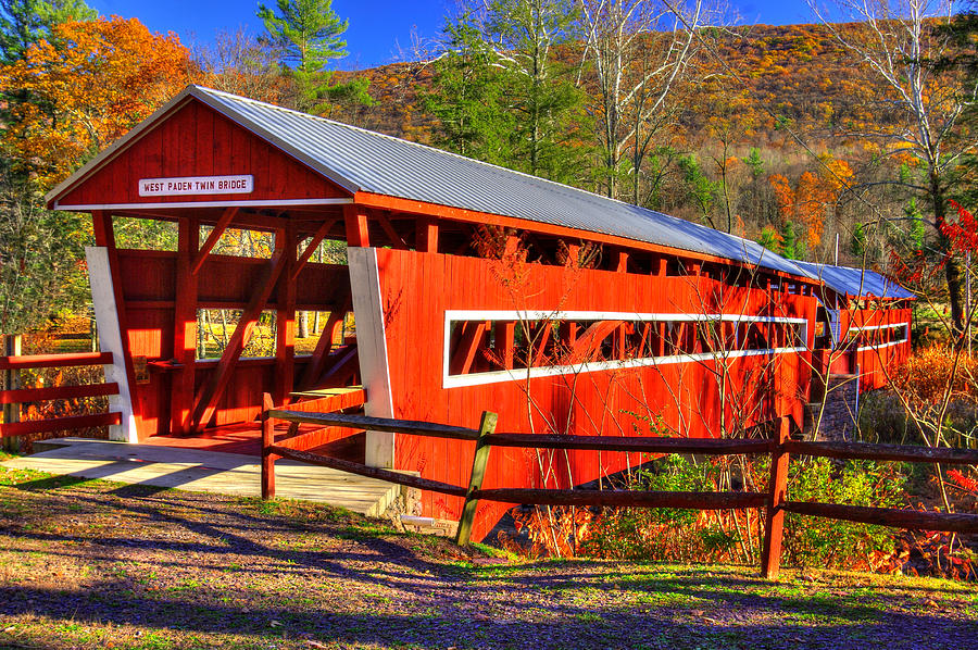 PA Covered Bridges - West - East Paden Twin Covered Bridges Over Huntington Creek #1A - Columbia Cty Photograph by Michael Mazaika