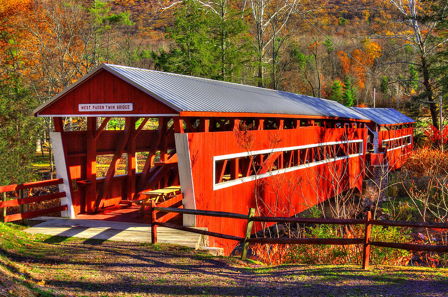 PA Covered Bridges - West - East Paden Twin Covered Bridges Over Huntington Creek #1B - Columbia Cty Photograph by Michael Mazaika