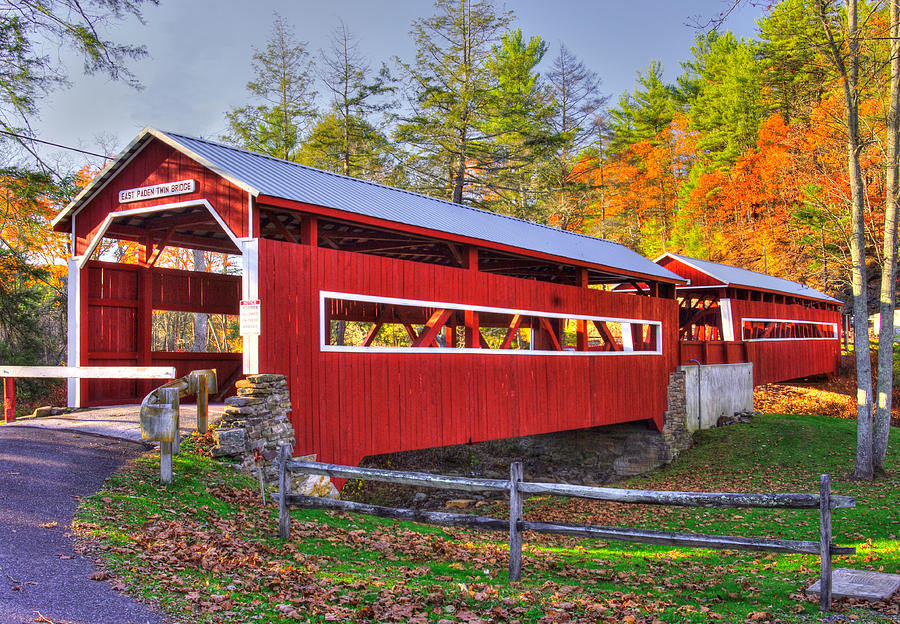 PA Covered Bridges - West - East Paden Twin Covered Bridges Over Huntington Creek #4A - Columbia Cty Photograph by Michael Mazaika