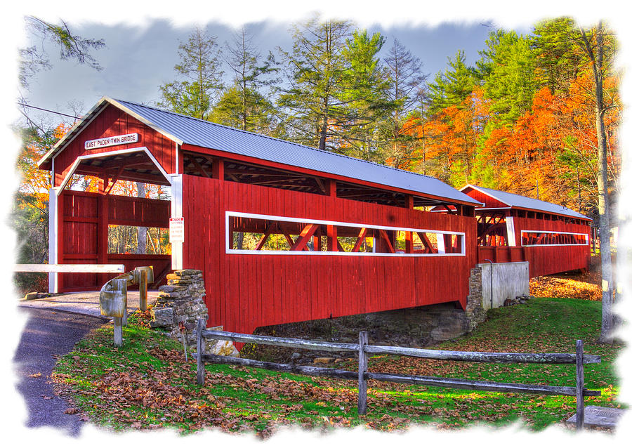 PA Covered Bridges - West - East Paden Twin Covered Bridges Over Huntington Crk #4APF - Columbia Cty Photograph by Michael Mazaika