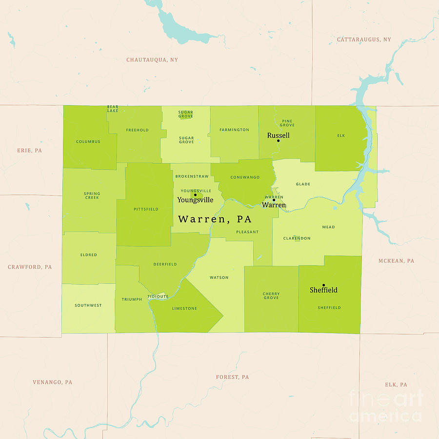Map Digital Art - PA Warren County Vector Map Green by Frank Ramspott