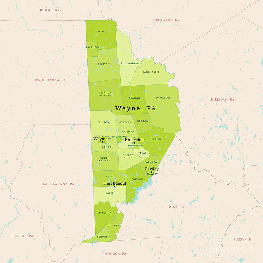 PA Wayne County Vector Map Green Digital Art by Frank Ramspott | Pixels