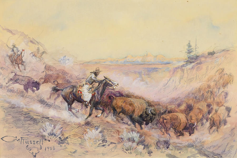 Pablo Buffalo Drive, 1908 Painting by Charles Marion Russell - Fine Art ...