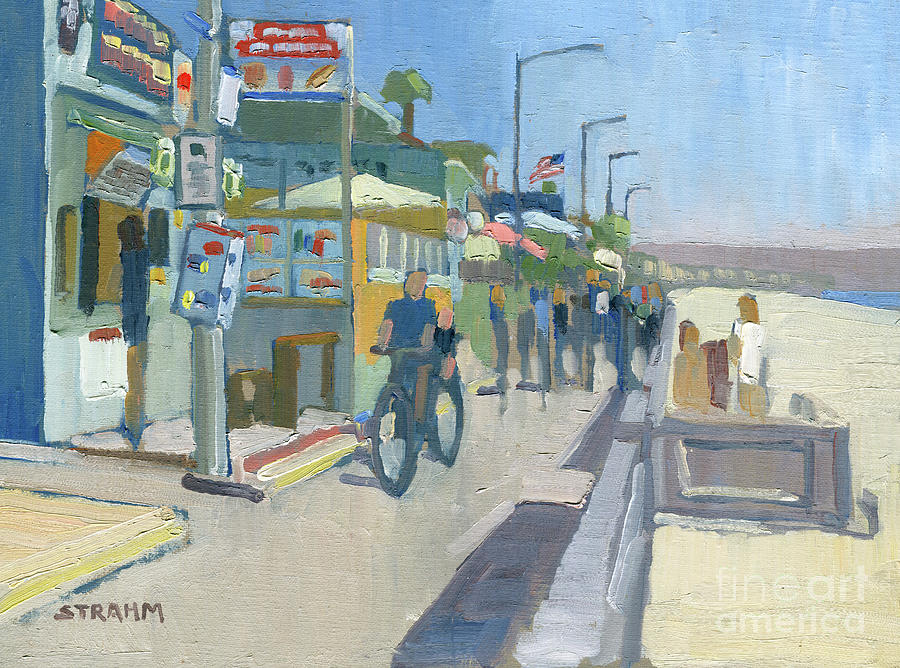 Pacific Beach Boardwalk at Reed Ave. - San Diego, California Painting by Paul Strahm