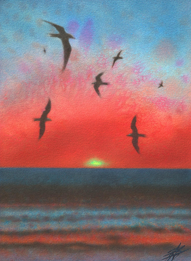 Pacific Black Noddies in Flight with Green Flash  Painting by Robin Street-Morris