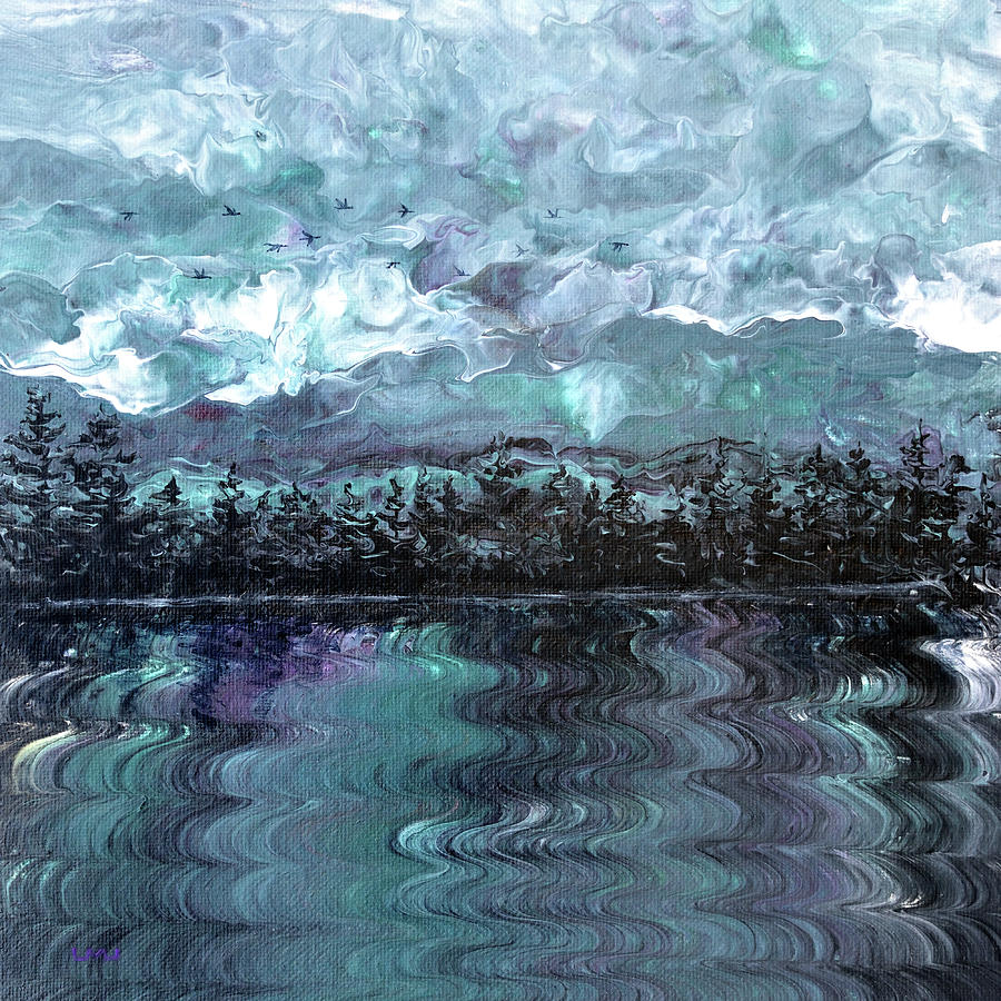 Pacific Northwest Lake In Shades Of Green And Fuchsia Painting