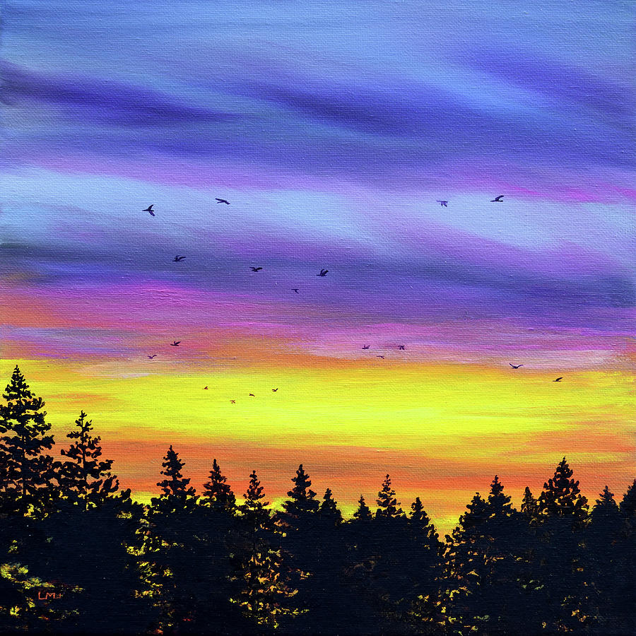 Pacific Northwest Sunset over Pine Trees Painting by Laura Iverson