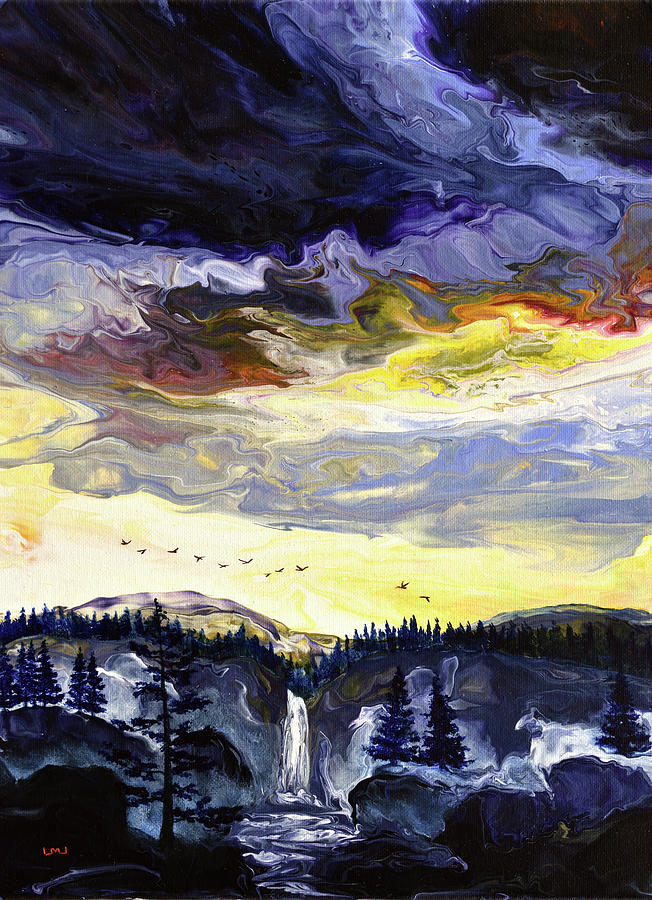 Pacific Northwest Waterfall Winter Sunset Painting by Laura Iverson