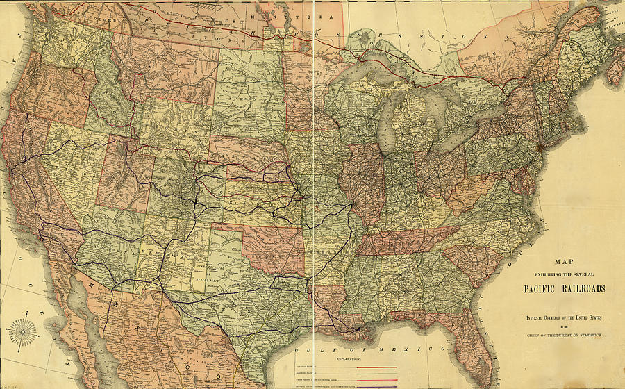 Transportation Drawing - Pacific Railroads of The United States 1883 by Vintage Maps