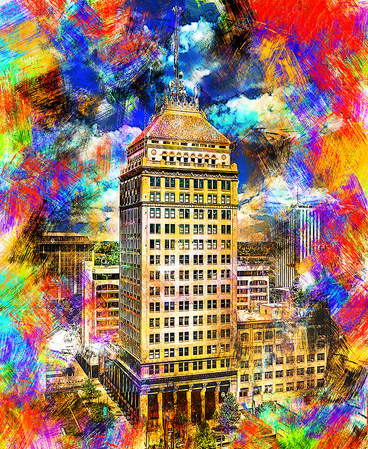 Pacific Southwest Building in Fresno - colorful painting Digital Art by Nicko Prints