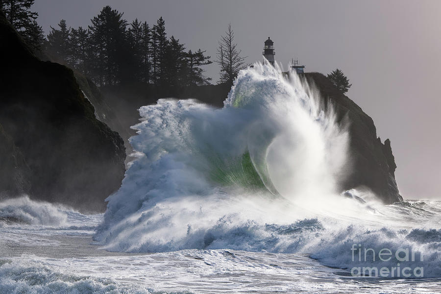 Pacific Storm Waves at Cape Disappointment Lighthouse in Washington Photograph by Tom Schwabel